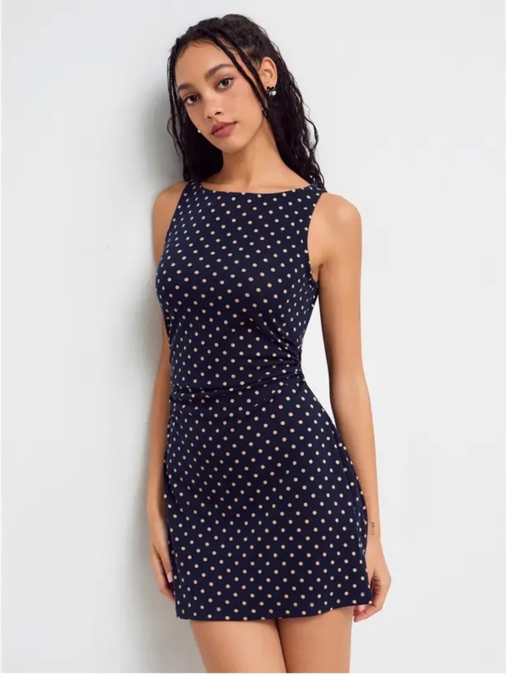 NWT Cider Navy Blue Tan Polka Dot Ruched Boat Neck Sleeveless Mini Dress XL